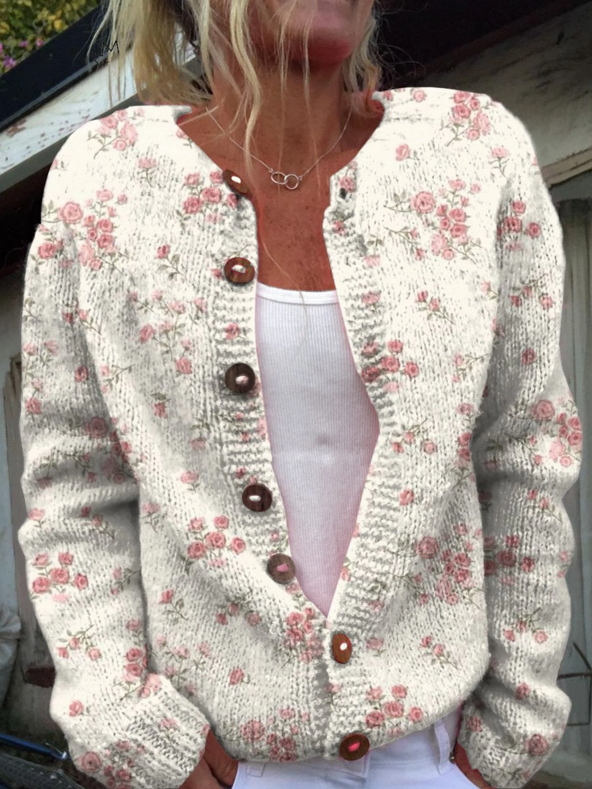 Cardigan a Bottoni con Stampa di Fiori di Rosa Rosa