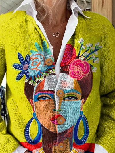 Cardigan in Maglia con Stampa di Ritratto di Freda