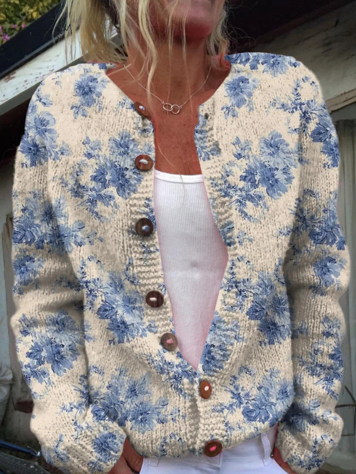Cardigan Sweater Buttoned con Stampa Floreale per Donne
