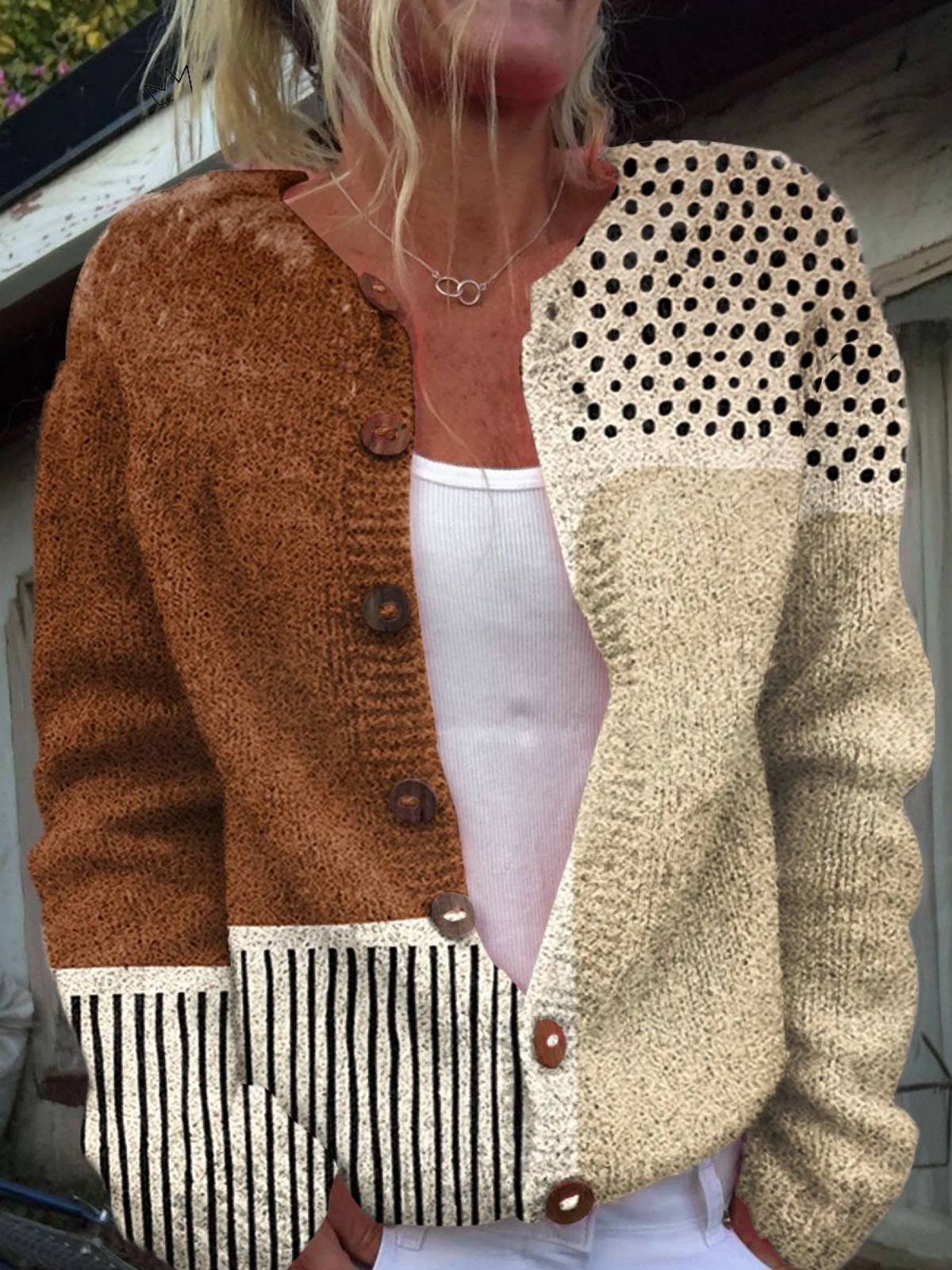 Cardigan Maglione Buttoned Minimalista con Stampa a Pois Astratta