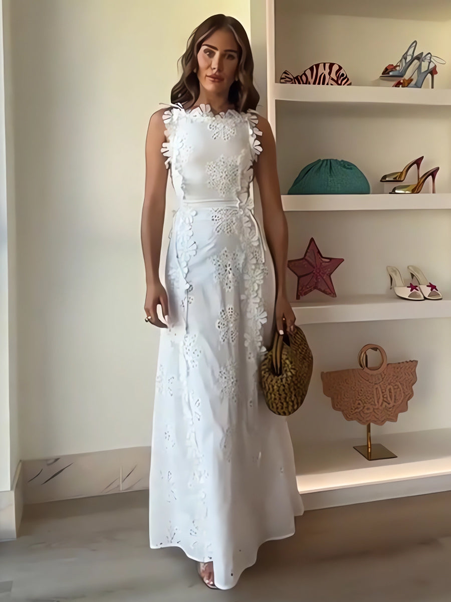 Éliora – Abito lungo con spalline annodate e motivo floreale in pizzo