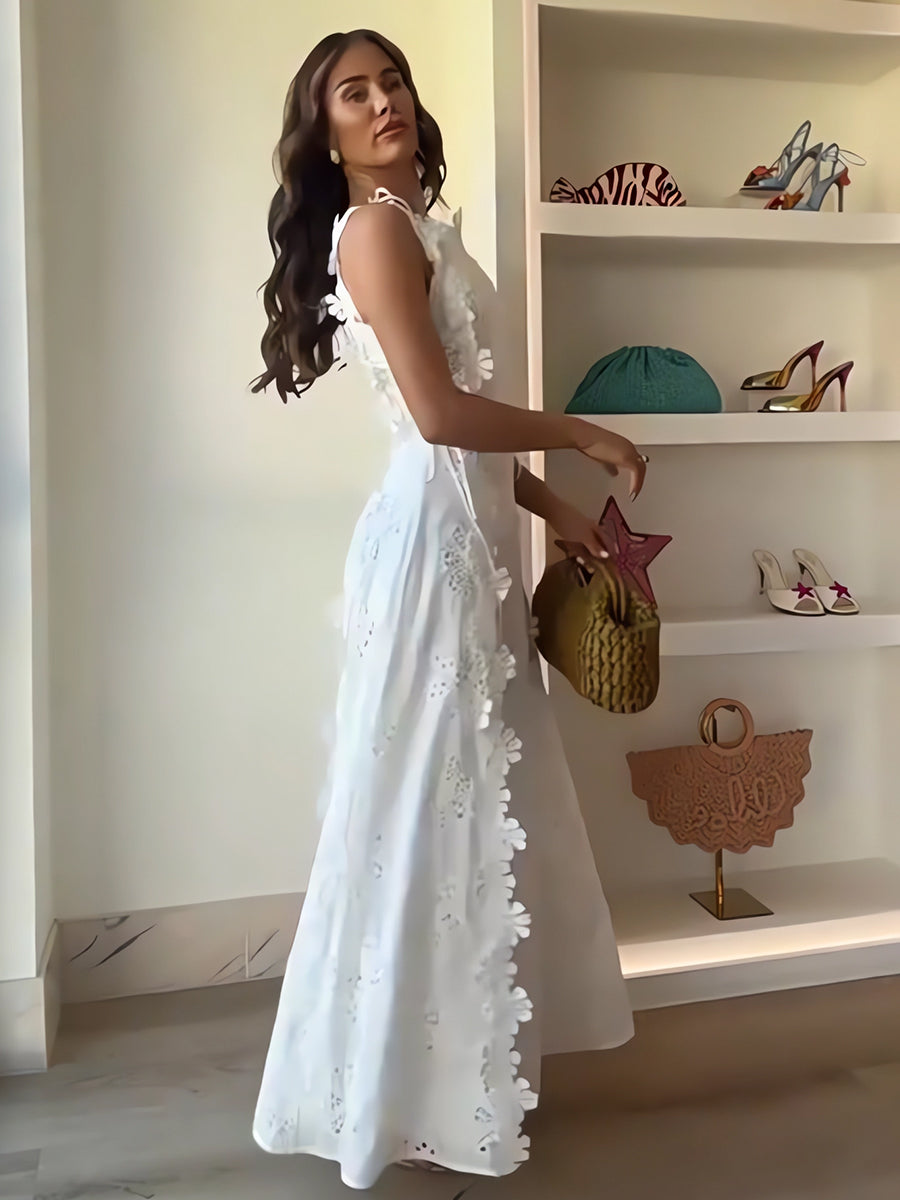 Éliora – Abito lungo con spalline annodate e motivo floreale in pizzo