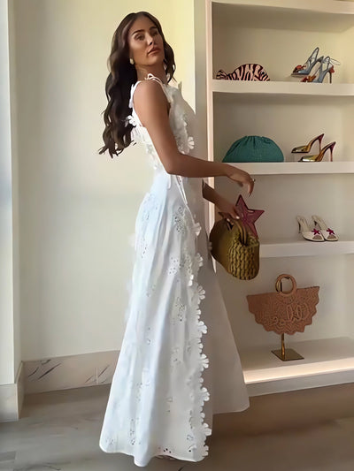 Éliora – Abito lungo con spalline annodate e motivo floreale in pizzo