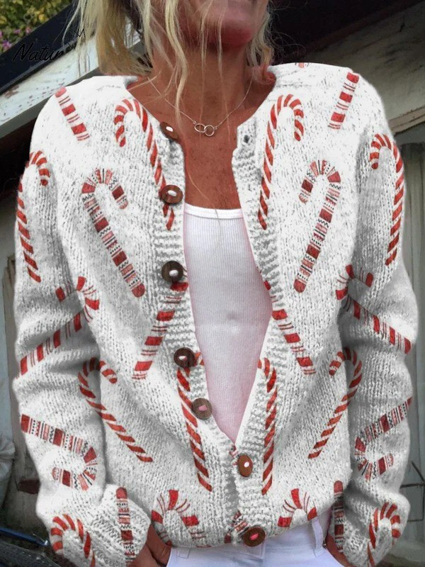 Cardigan Maglione Decorativo a Motivo di Bastoncini di Caramella Festivi