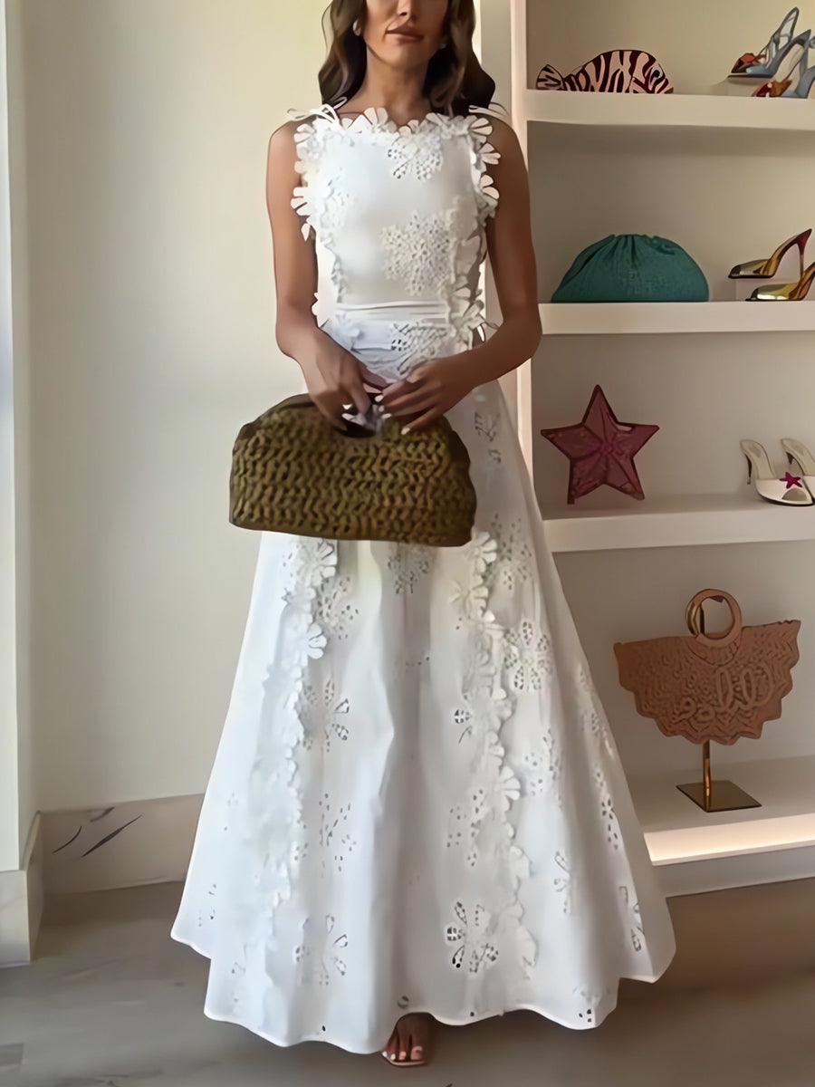 Éliora – Abito lungo con spalline annodate e motivo floreale in pizzo