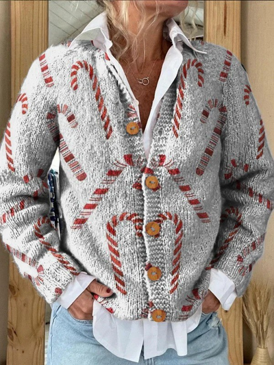 Cardigan Maglione Decorativo a Motivo di Bastoncini di Caramella Festivi